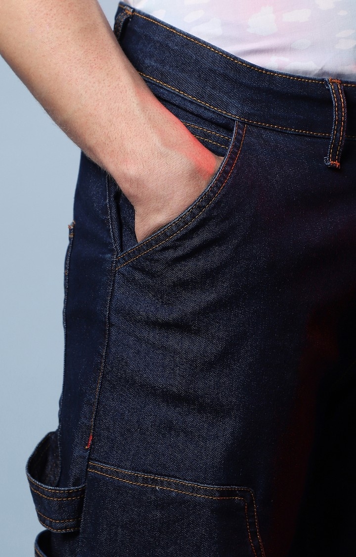 Men's Navy Blue Solid Wide Leg Jeans