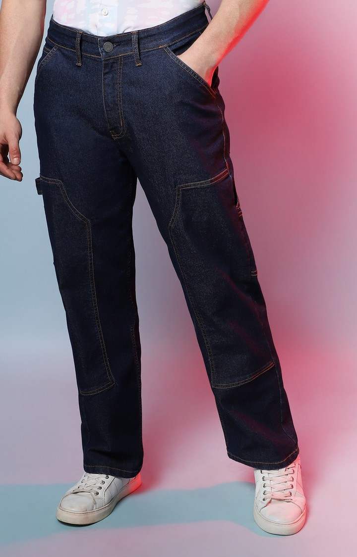 Men's Navy Blue Solid Wide Leg Jeans