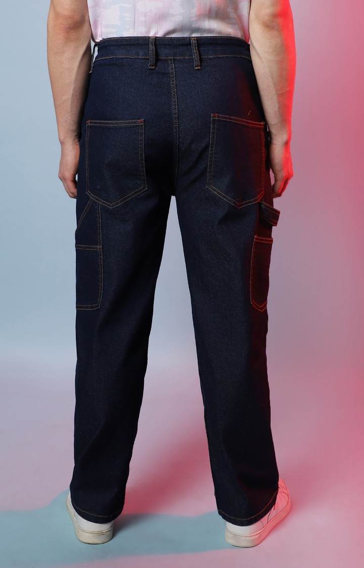 Men's Navy Blue Solid Wide Leg Jeans