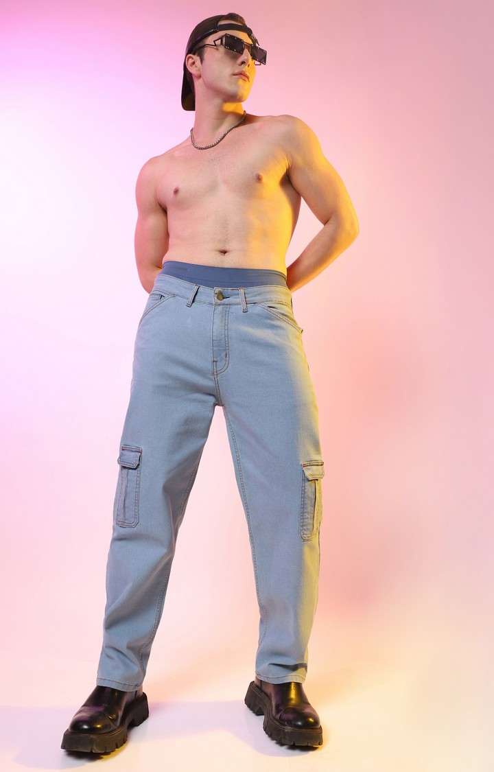 Men's Light Blue Solid Denim Cargos
