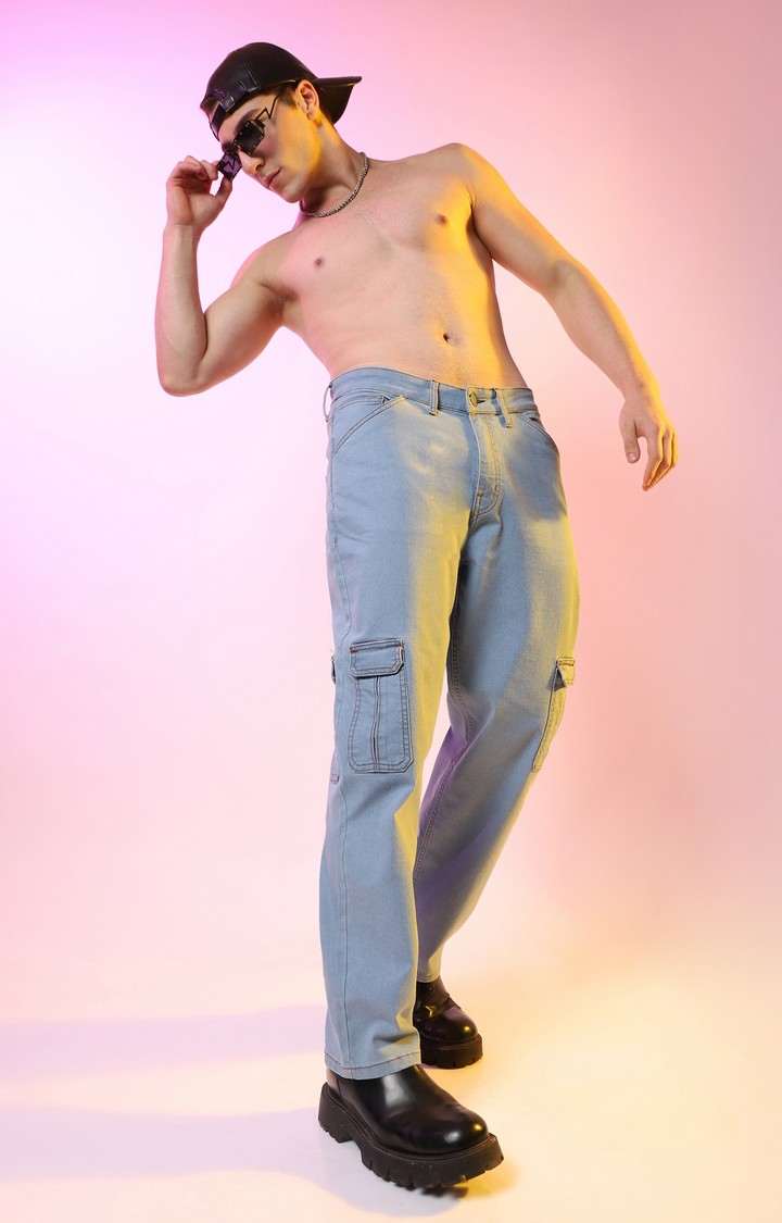 Men's Light Blue Solid Denim Cargos