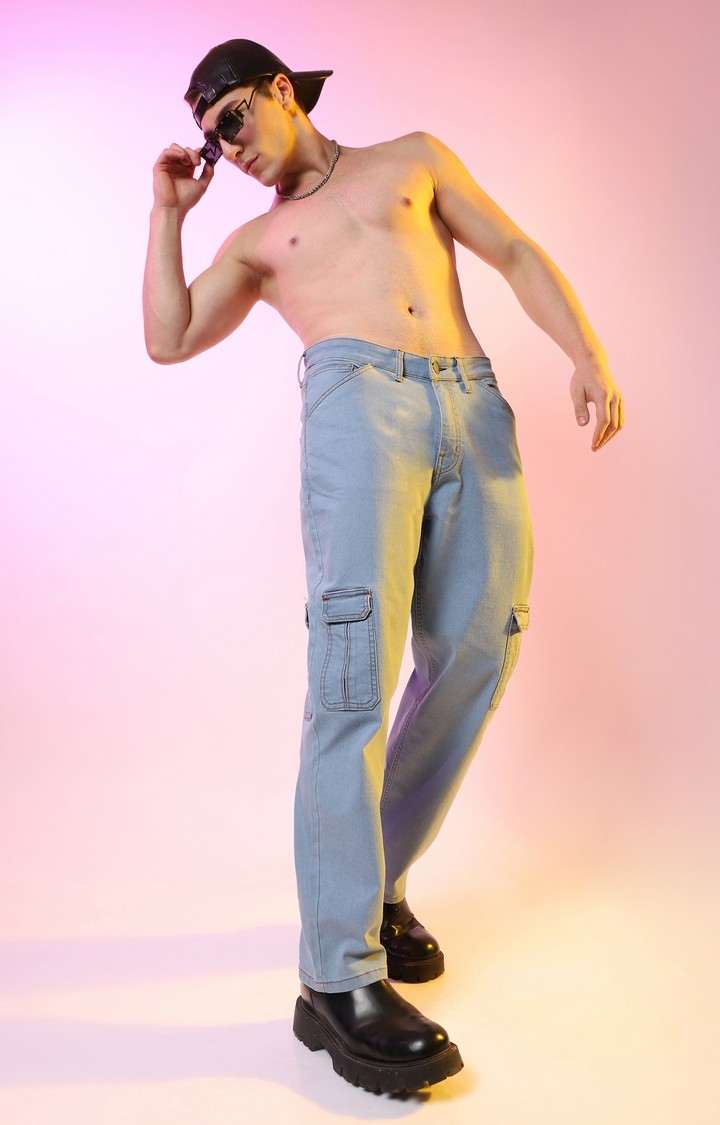 Men's Light Blue Solid Wide Leg Jeans