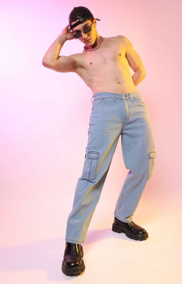 Men's Light Blue Solid Denim Cargos