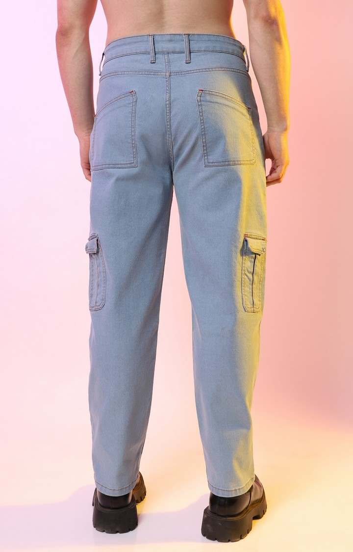 Men's Light Blue Solid Denim Cargos
