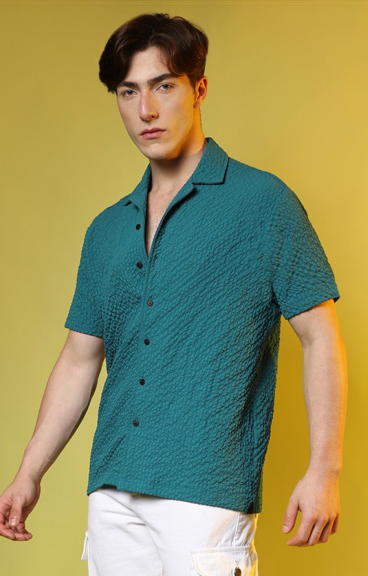 Men's Green Textured Casual Shirts