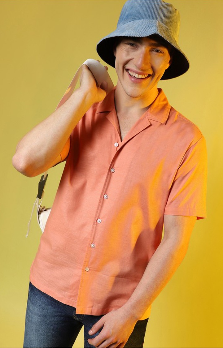 Men's Orange Solid Casual Shirts