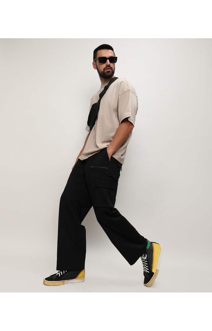 Men's Midnight Black Solid Polyester Cargos