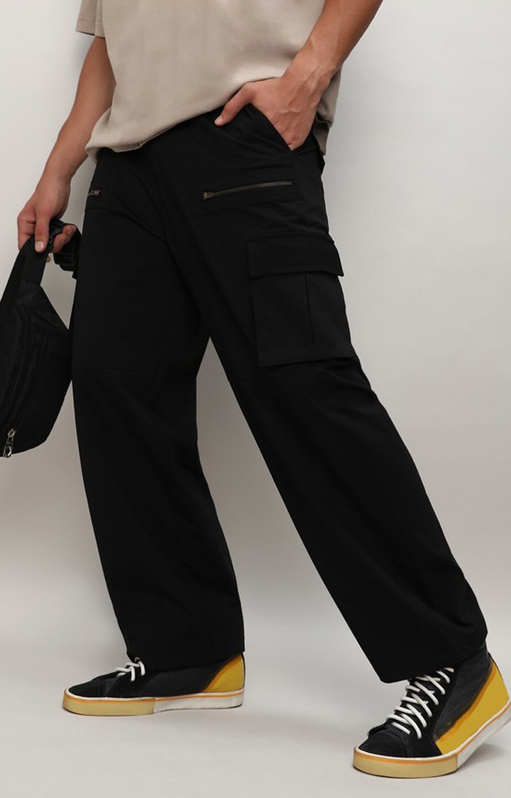 Men's Midnight Black Solid Polyester Cargos
