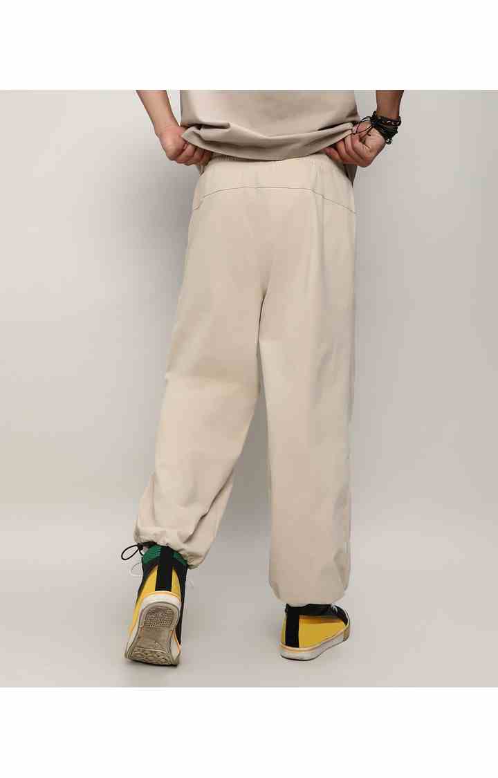 Men's Beige Solid Polyester Trousers