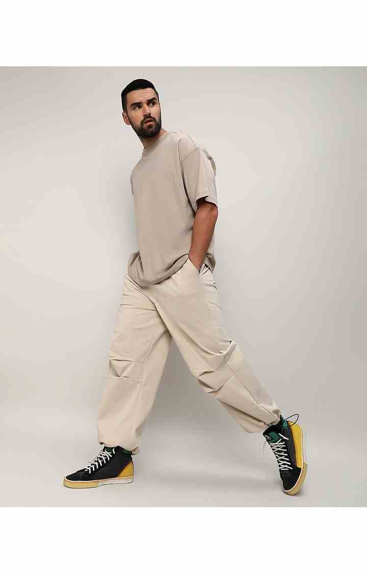 Men's Beige Solid Polyester Trousers