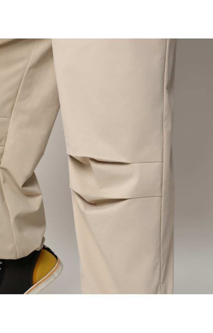 Men's Beige Solid Polyester Trousers
