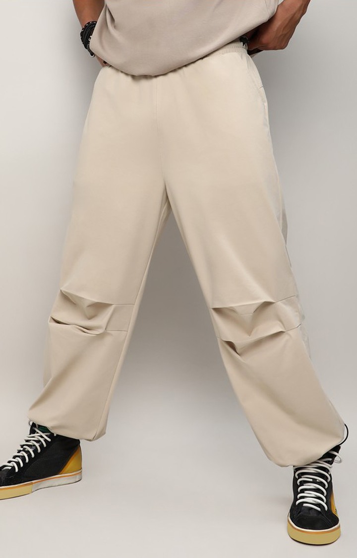 Men's Beige Solid Polyester Trousers