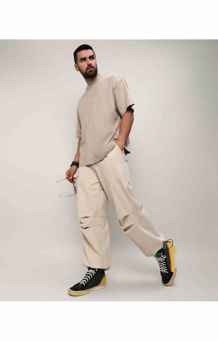 Men's Beige Solid Polyester Trousers