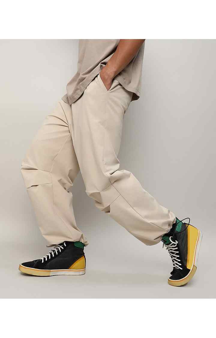 Men's Beige Solid Polyester Trousers
