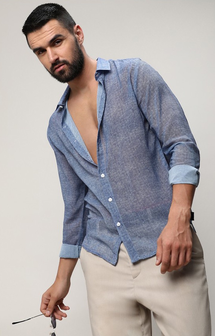 Men's Blue Solid Casual Shirts
