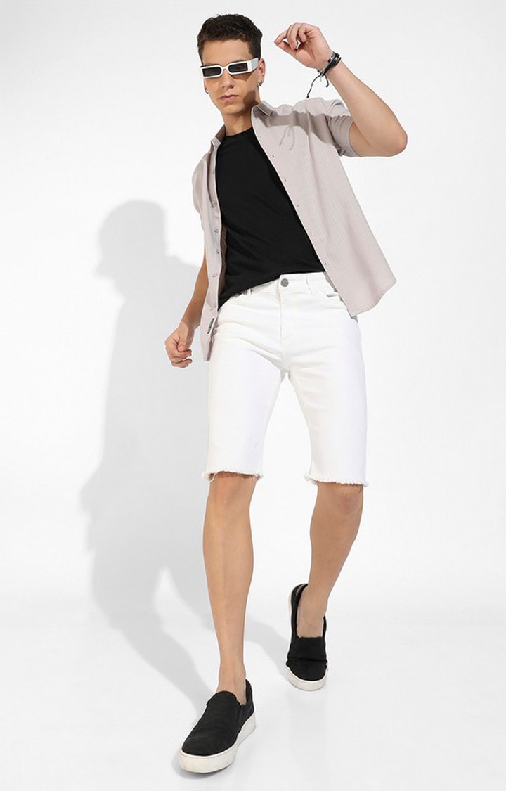 Men's White Solid Denim Shorts