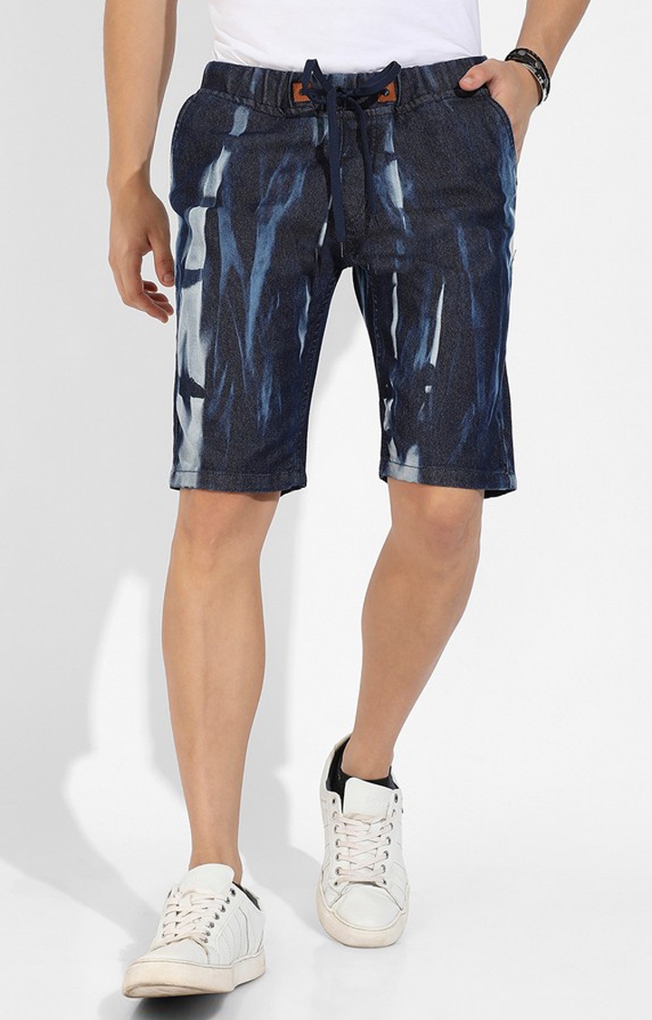 CAMPUS SUTRA | Men's Navy Blue Contrast Wash Denim Shorts