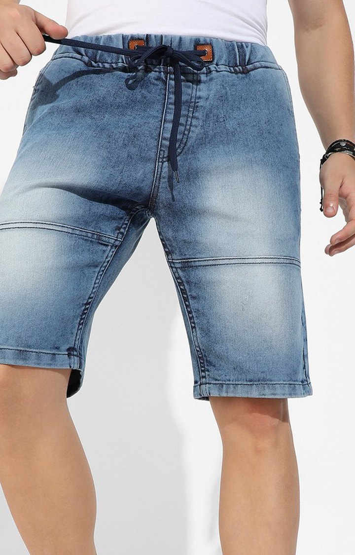 Men's Blue Solid Denim Shorts