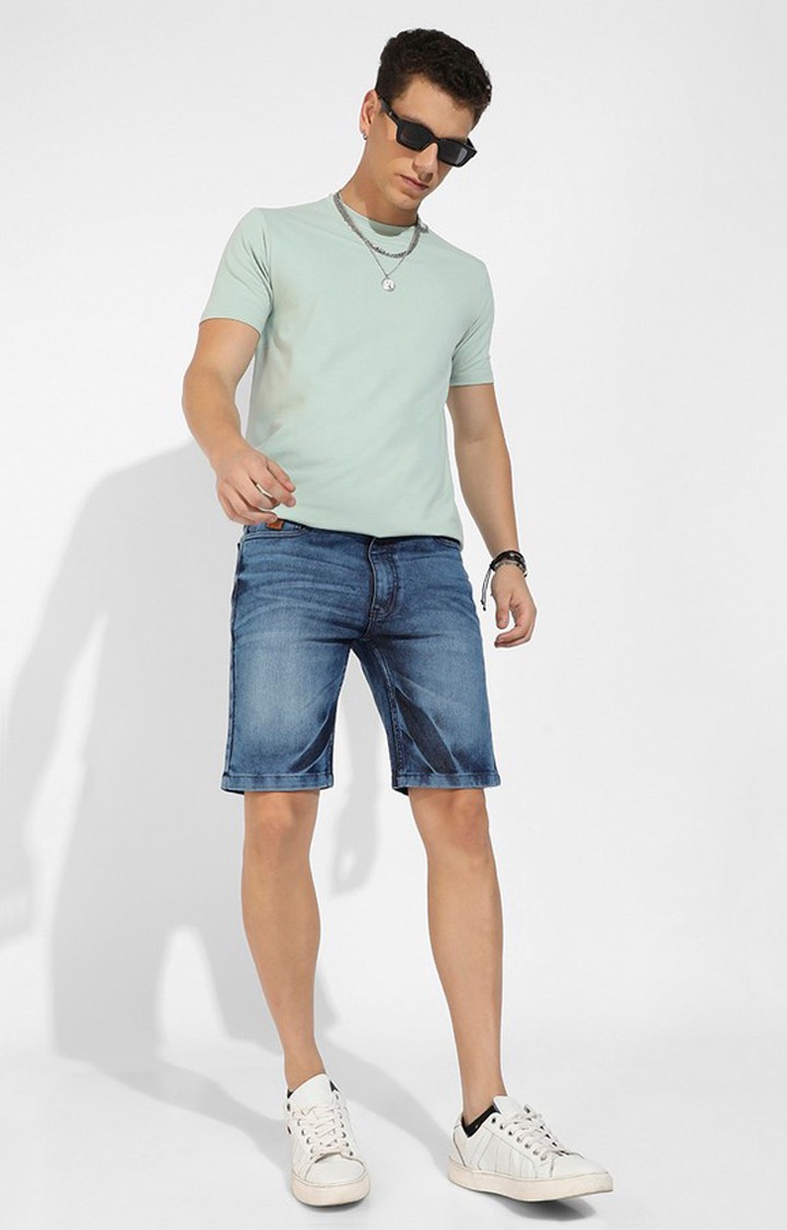 Men's Blue Solid Denim Shorts