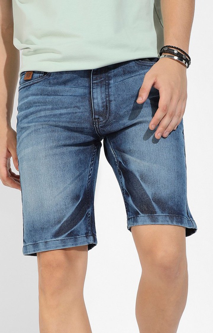 Men's Blue Solid Denim Shorts