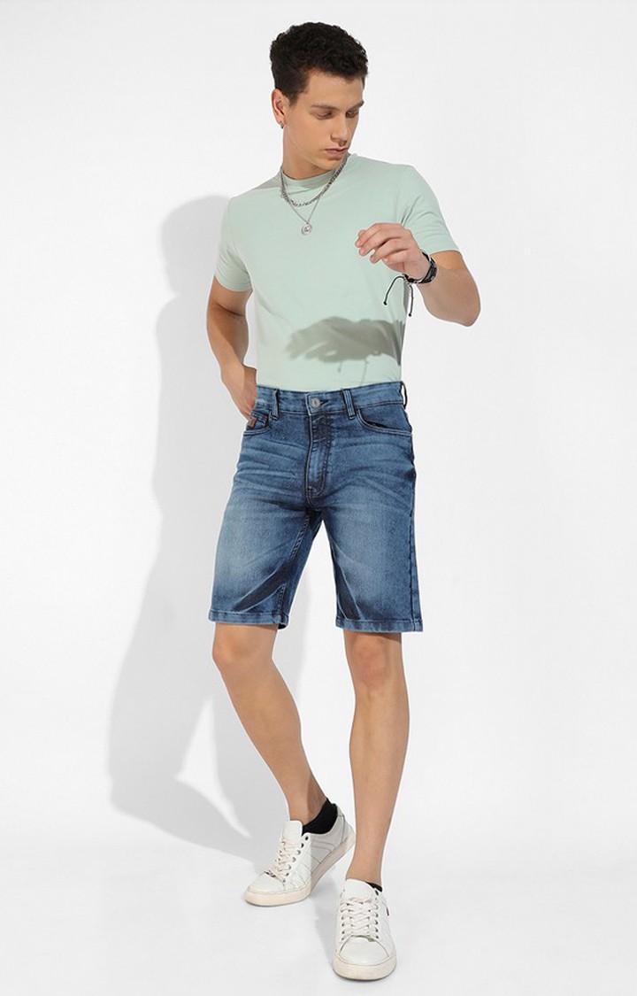 Men's Blue Solid Denim Shorts