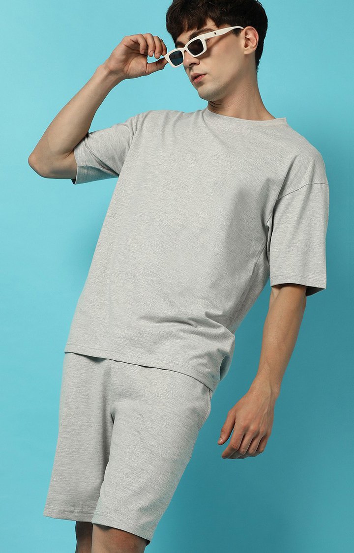 Men's Light Grey Cotton Melange Textured Co-ords