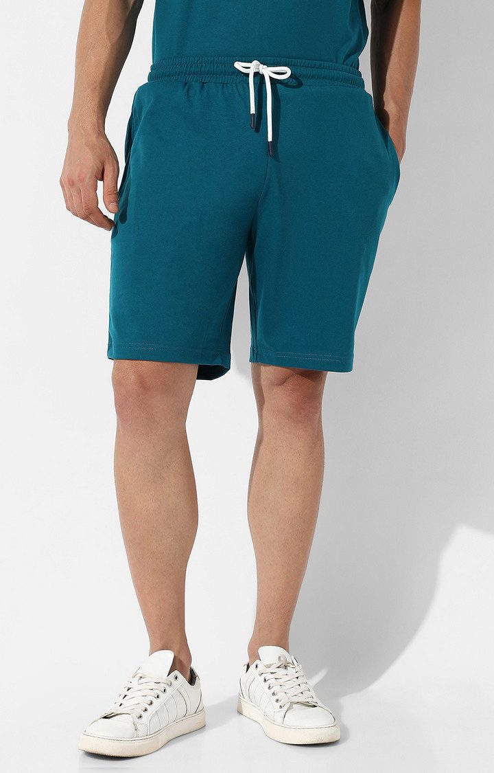 Men's Teal Blue Cotton Solid Co-ords