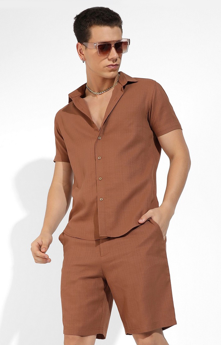 Men's Brown Cotton Solid Co-ords