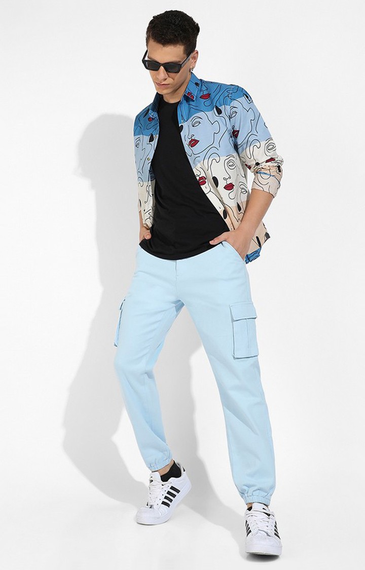 Men's Light Blue Solid Polycotton Cargos