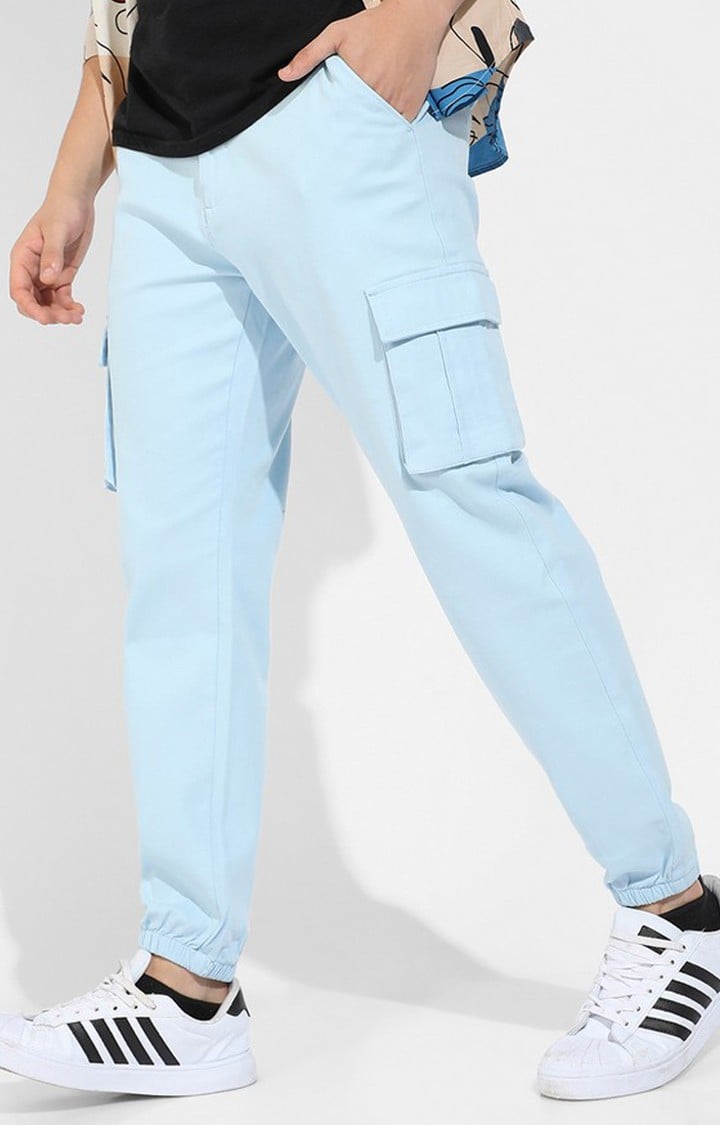 Men's Light Blue Solid Polycotton Cargos