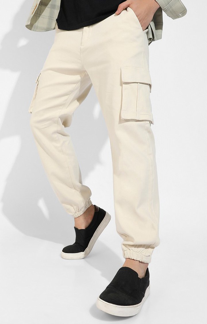 Men's Pale Yellow Solid Polycotton Cargos