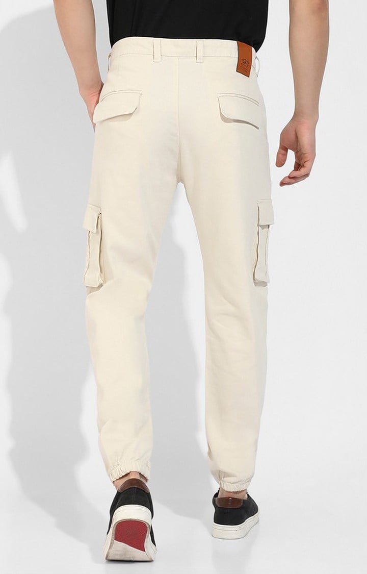 Men's Pale Yellow Solid Polycotton Cargos