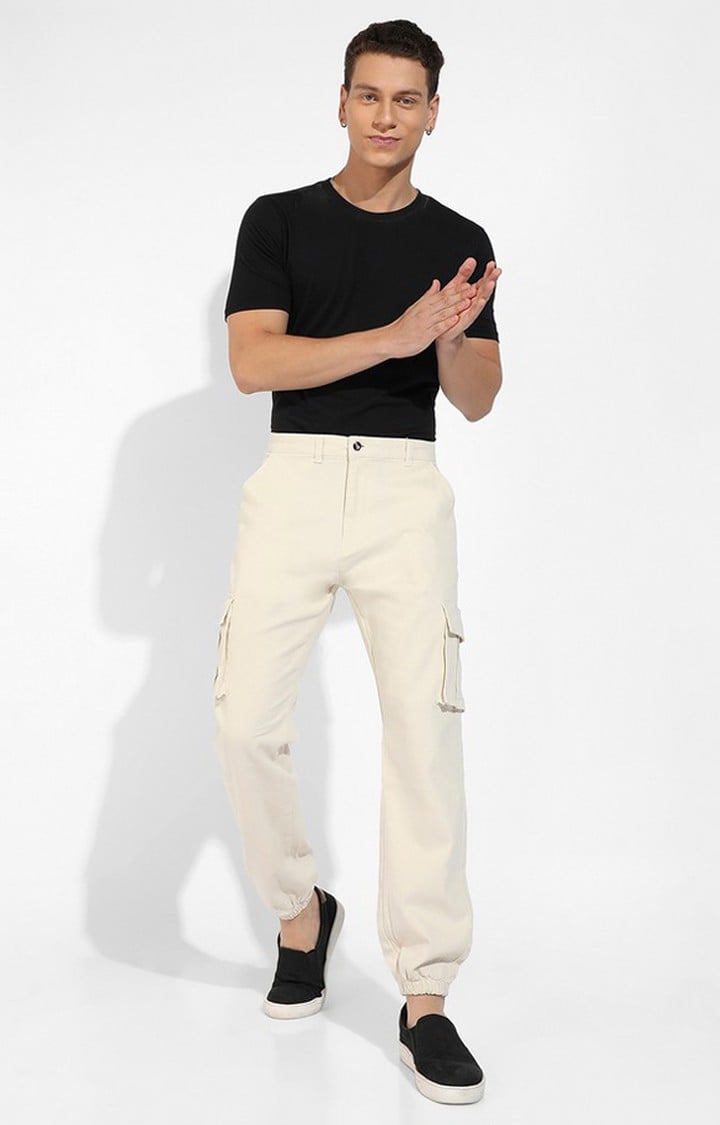 Men's Pale Yellow Solid Polycotton Cargos