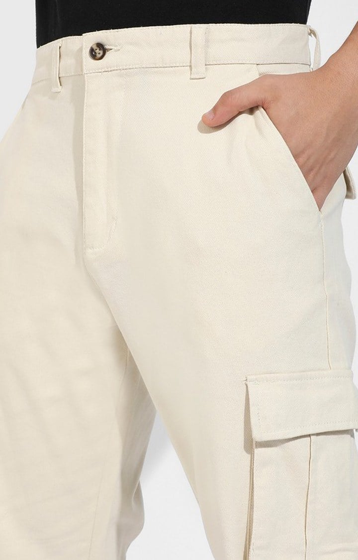 Men's Pale Yellow Solid Polycotton Cargos