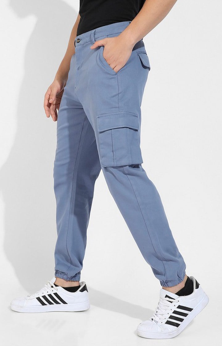 Men's Blue Solid Polycotton Cargos