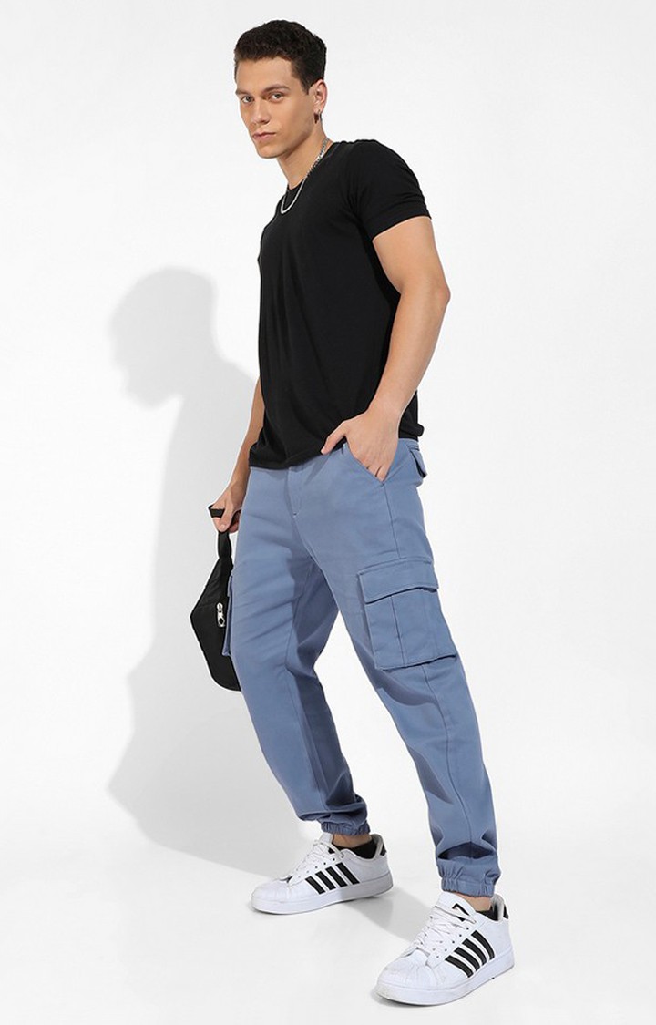 Men's Blue Solid Polycotton Cargos