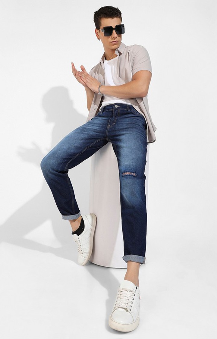 Men's Dark Blue Solid Denim Ripped Jeans