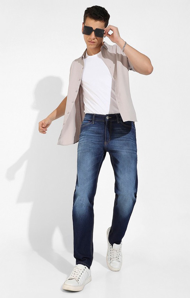 Men's Dark Blue Solid Denim Skinny Jeans