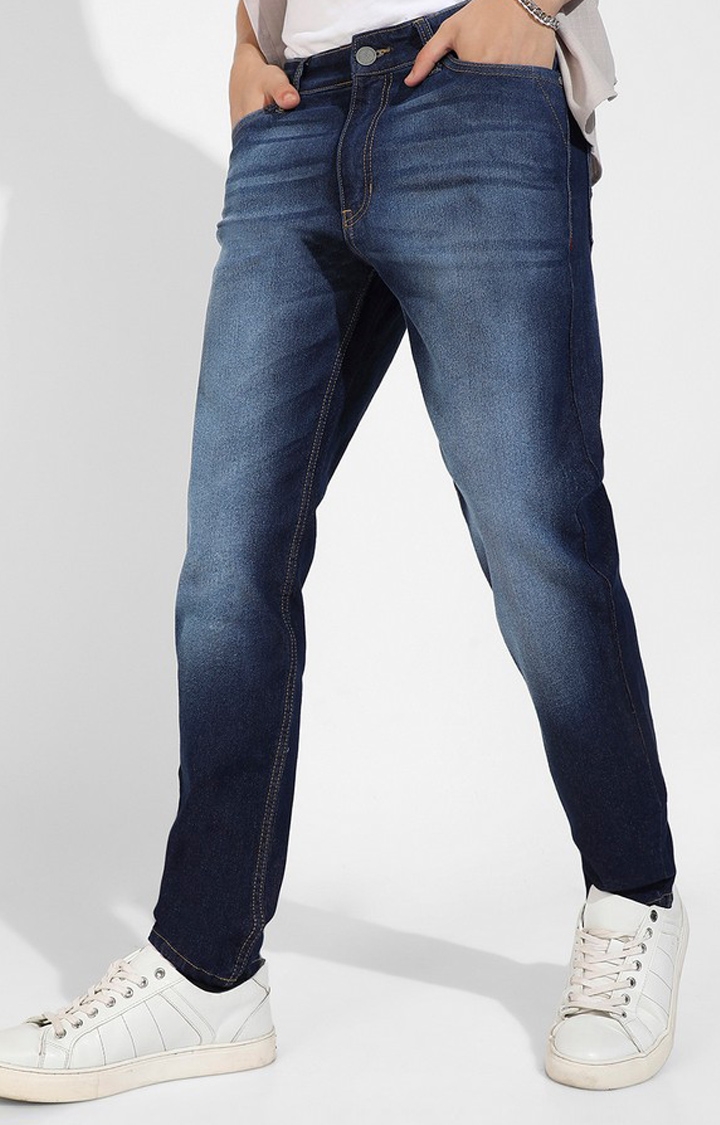 Men's Dark Blue Rolled Hem Denim Jeans