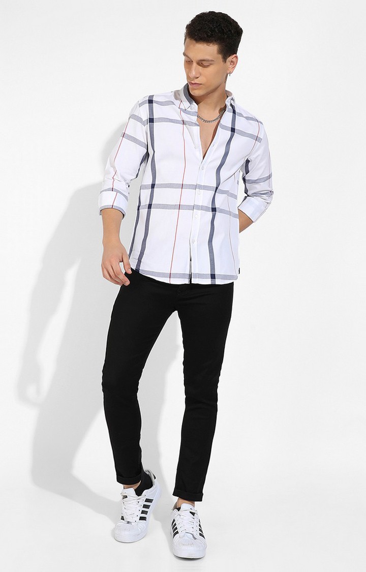 Men's White Cotton Checkered Casual Shirts