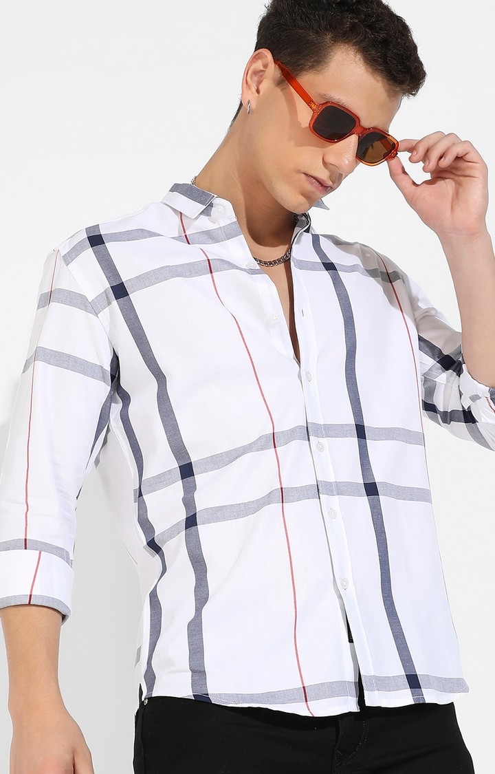 Men's White Cotton Checkered Casual Shirts
