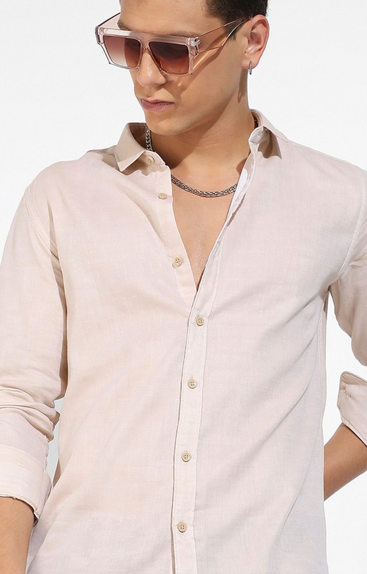 Men's Beige Cotton Solid Casual Shirts