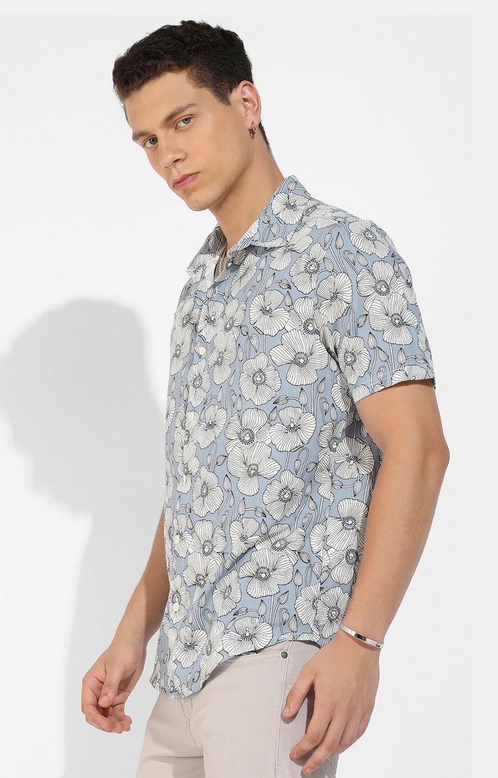 Men's Icy Blue Rayon Floral Printed Casual Shirts