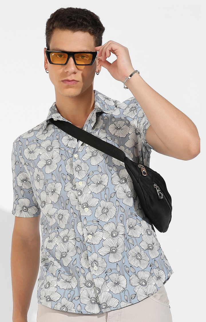 CAMPUS SUTRA | Men's Icy Blue Rayon Floral Printed Casual Shirts