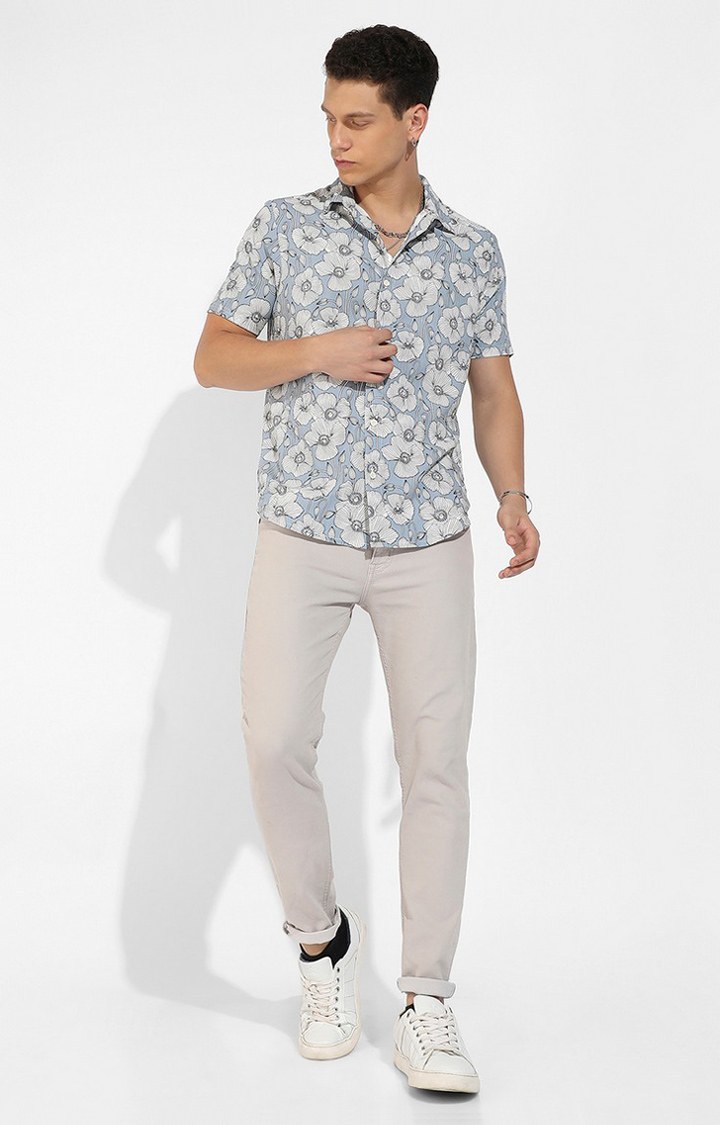 Men's Icy Blue Rayon Floral Printed Casual Shirts