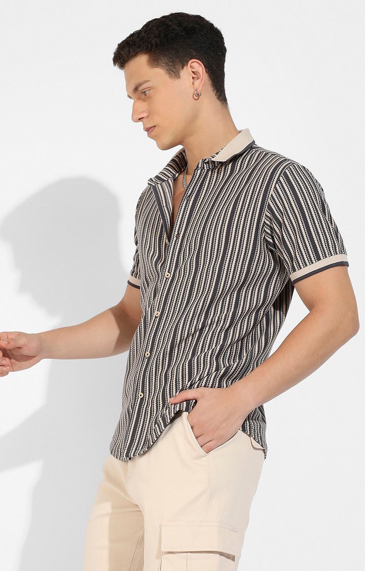 Men's Light Grey and Navy Blue Cotton Striped Casual Shirts