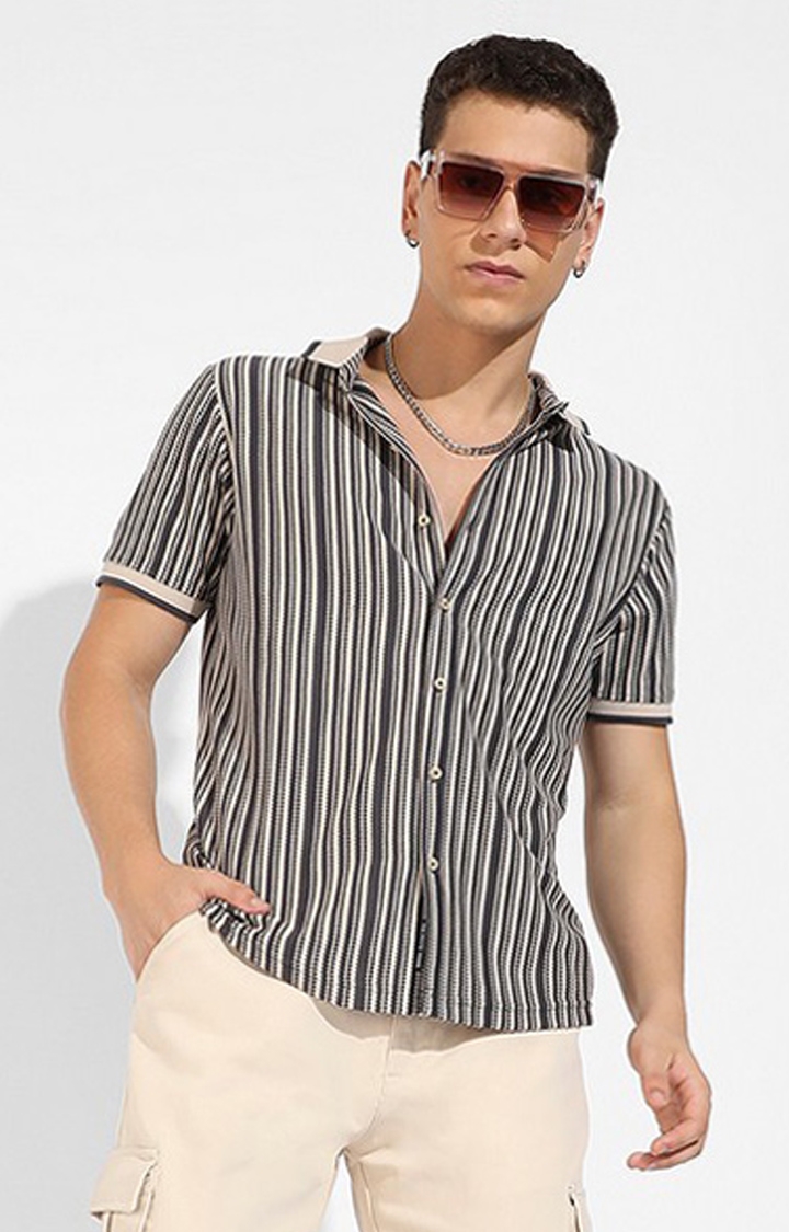Men's Light Grey and Navy Blue Cotton Striped Casual Shirts