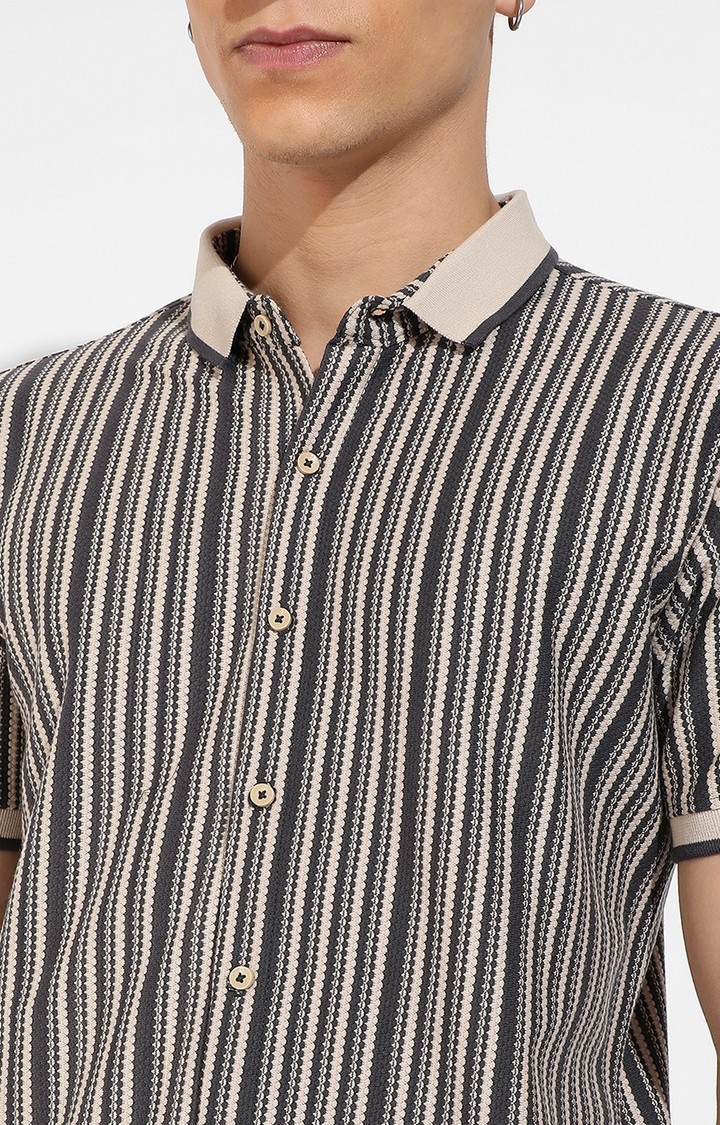 Men's Light Grey and Navy Blue Cotton Striped Casual Shirts