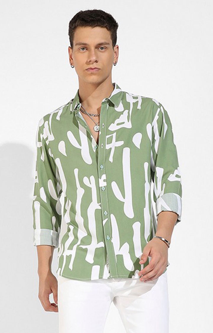 Men's Sage Green Rayon Printed Casual Shirts