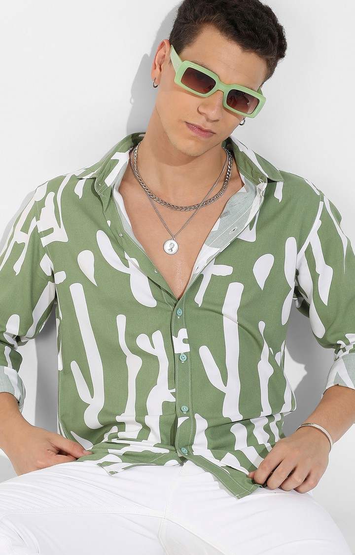 Men's Sage Green Rayon Printed Casual Shirts